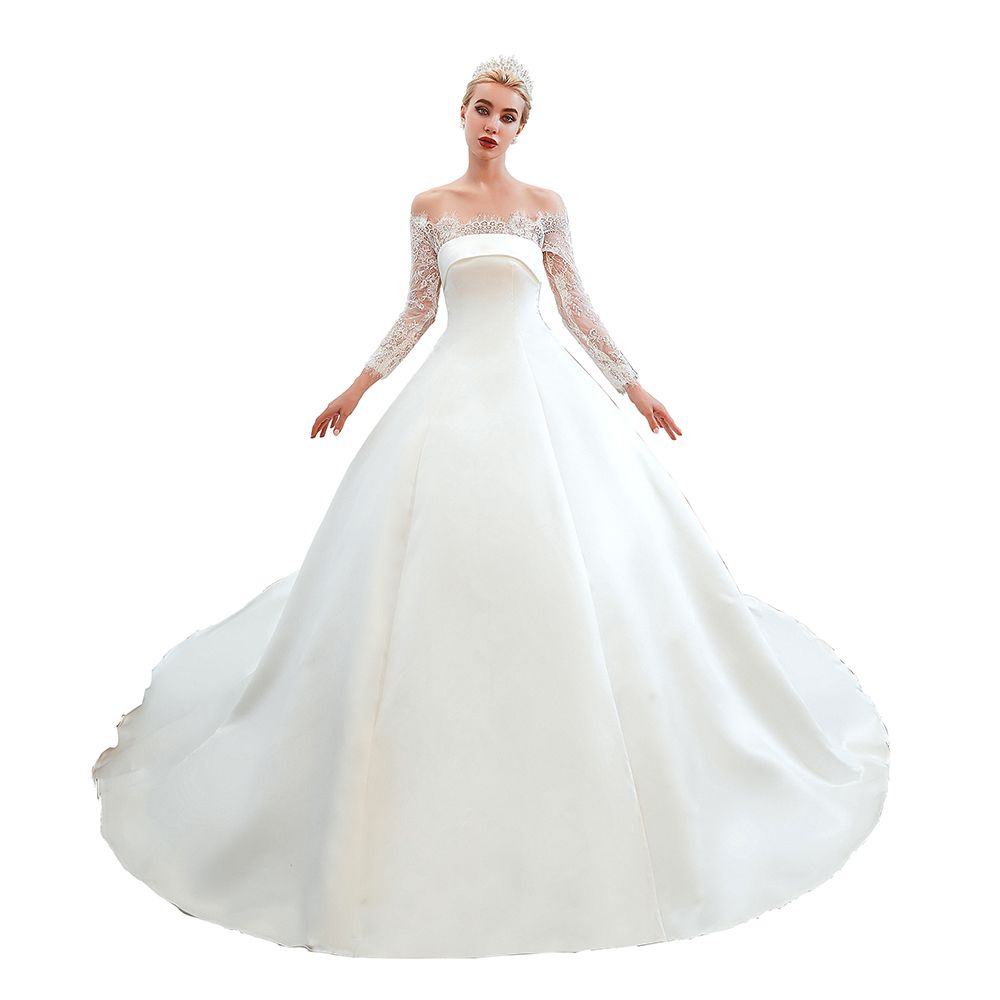 Romantic Lace Long Sleeves Princess Satin Wedding Dress | Princess Bridal Gowns with Cathedral Train