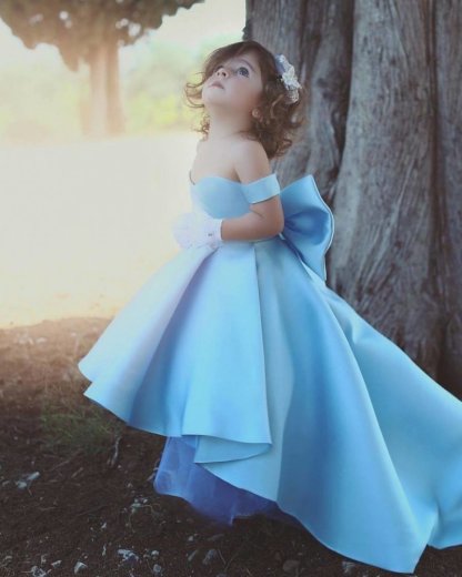 Off the shoulder Sky Blue High Low Flower Girl Dresses