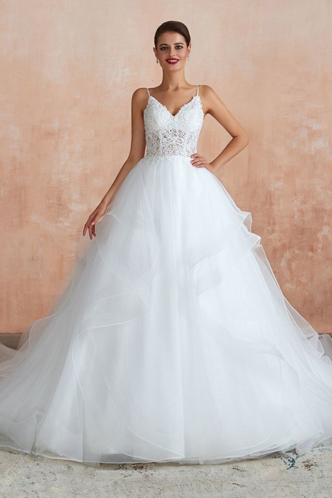Camille | White Ball Gown Wedding Dress with Chapel Train, Spaghetti Strap See-through Lace up Bridal Gowns for Sale-Babyonlinewholesale