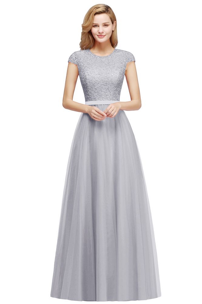 Elegant Lace Top Cap Sleeves Long Tulle Bridesmaid Dresses