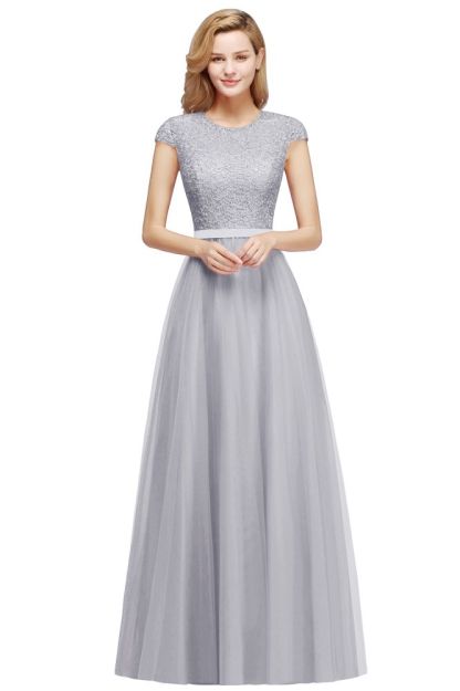 Elegant Lace Top Cap Sleeves Long Tulle Bridesmaid Dresses