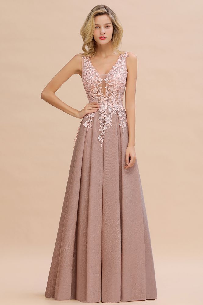 Rebacca | A-Line V-neck Floor-Length Tulle Sequined Prom Dresses