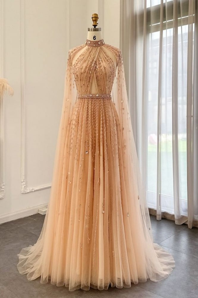 Halter Tulle Beadings Floor-Length Evening Dress with Cap Sleeves Tulle Party Dress