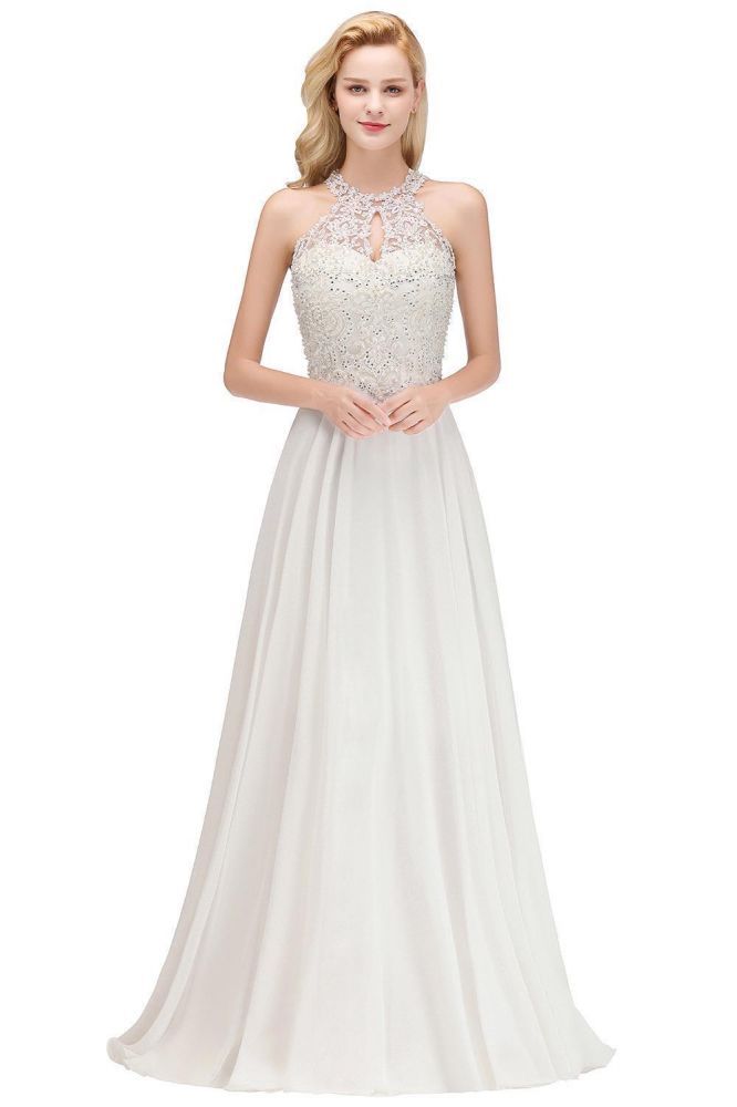 Modest Pink Pears Beaded A-line Halter Bridesmaid Dresses