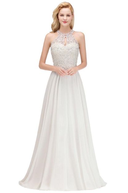 Modest Pink Pears Beaded A-line Halter Bridesmaid Dresses