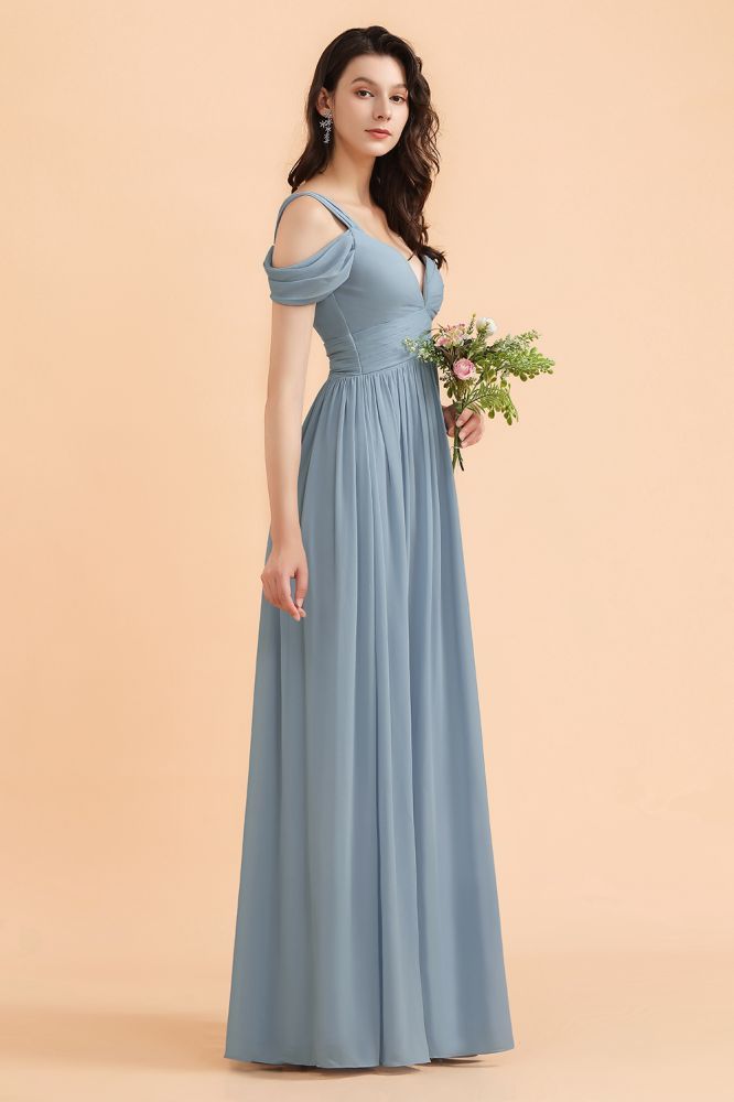 Grey Blue Off Shoulder Chiffon Bridesmaid Dress with Side Slit Straps Wedding Party Dress