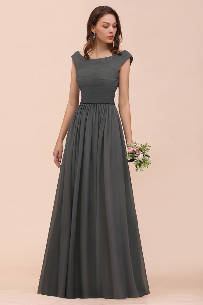 Grey Cap Sleeves 100D Chiffon Long Evening Dress with Side Slit
