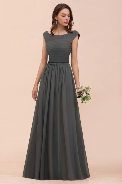 Grey Cap Sleeves 100D Chiffon Long Evening Dress with Side Slit
