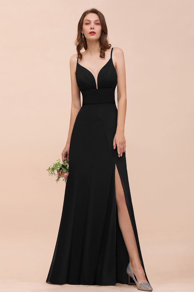 Charming Deep V-Neck Black Bridesmaid Dress with Side Slit with Spaghetti Straps
