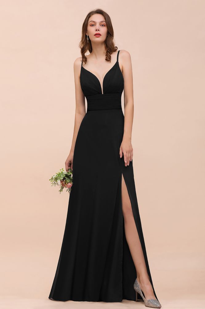 Charming Deep V-Neck Black Bridesmaid Dress with Side Slit with Spaghetti Straps