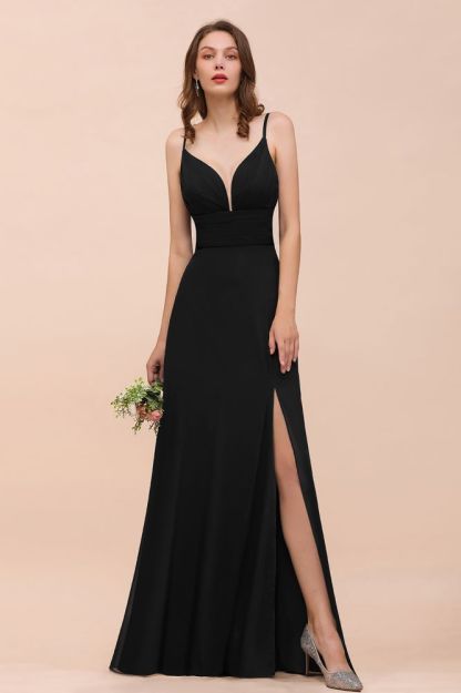 Charming Deep V-Neck Black Bridesmaid Dress with Side Slit with Spaghetti Straps
