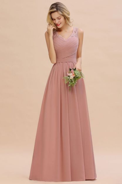 Charming A-line Bridesmaid Dress V-Neck Chiffon Long Wedding Party Dress