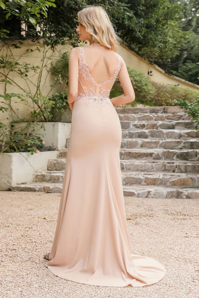 Charming Sleeveless Side Slit Prom Dress Lace Appliques Mermaid Evening Dress