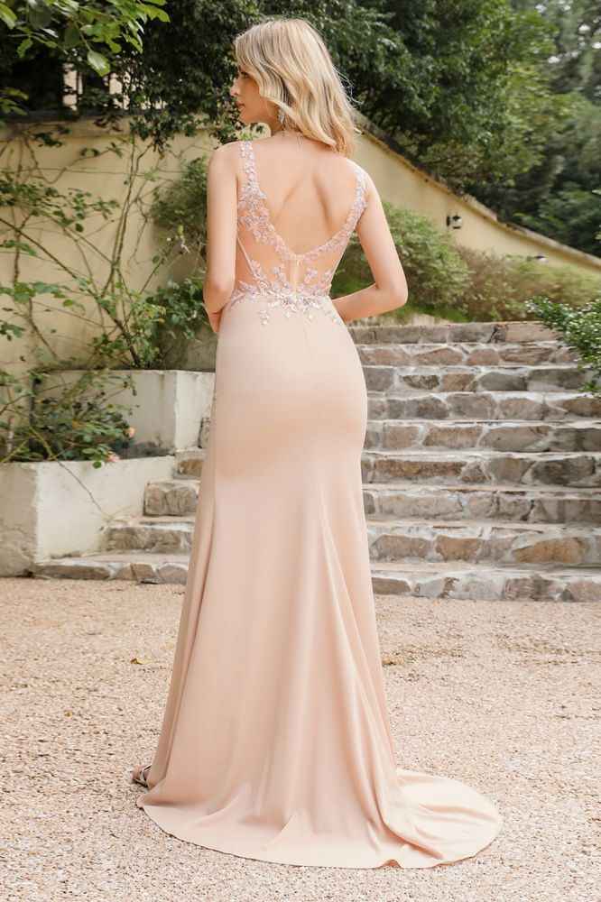 Charming Sleeveless Side Slit Prom Dress Lace Appliques Mermaid Evening Dress
