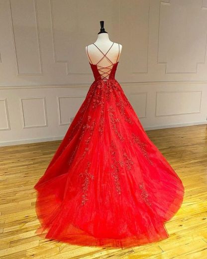 Spaghetti Straps Floral Lace Aline Evening Gown Sleeveless Prom Dress