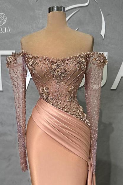 Off-the-Shoulder Beadings Ruched Satin Sheath Prom Dress Long Sleeves Mermaid Evening Dress