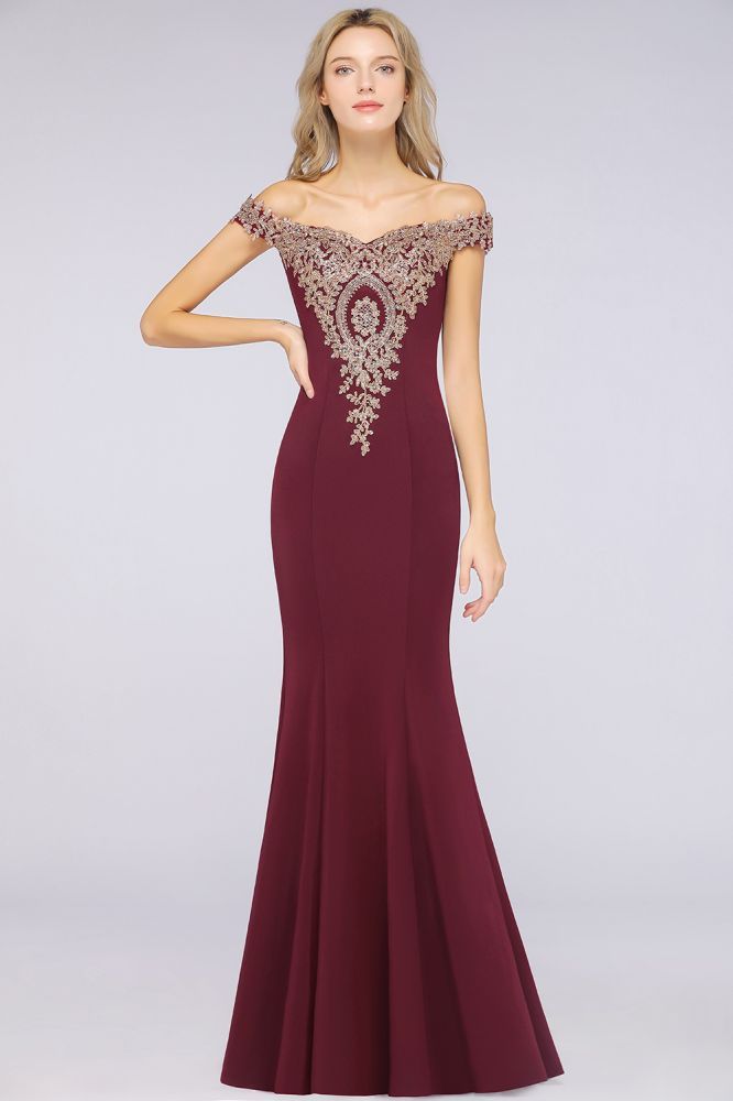 Simple Off-the-shoulder Burgundy Formal Dress with Lace Appliques