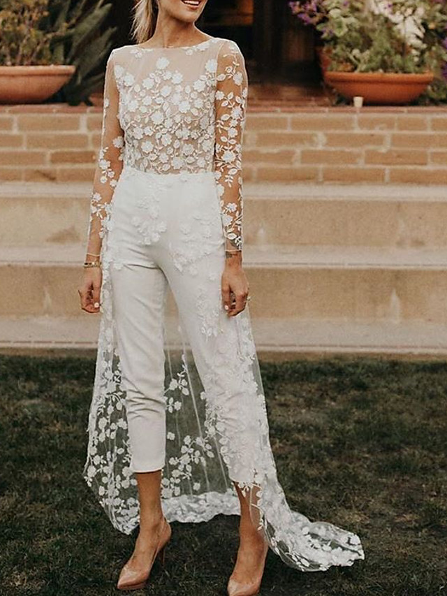 Jumpsuits A-Line Wedding Dresses Jewel Neck Sweep \ Brush Train Lace Satin Long Sleeve Sexy See-Through Modern-Babyonlinewholesale