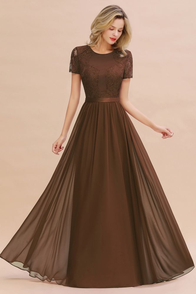 Retro Chiffon Lace Scoop Short-Sleeves Online Bridesmaid Dress