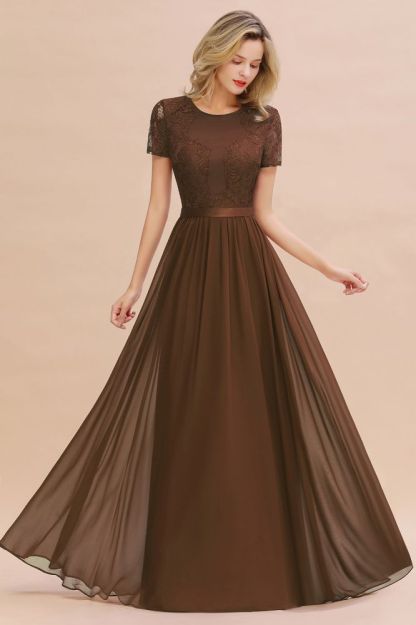 Retro Chiffon Lace Scoop Short-Sleeves Online Bridesmaid Dress