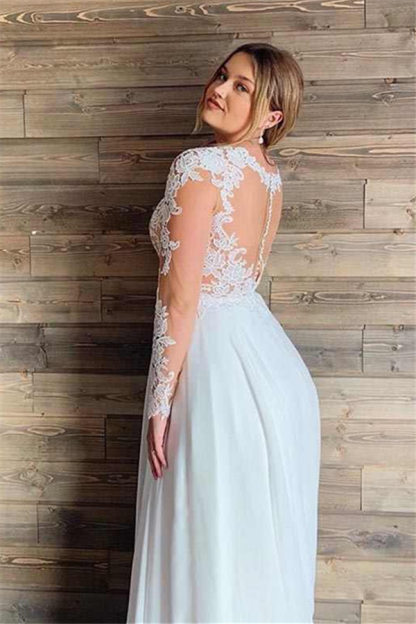 A-line Sheer Tulle Lace Wedding Gowns | Long Sleeve Floor Length Beach Bridal Gowns