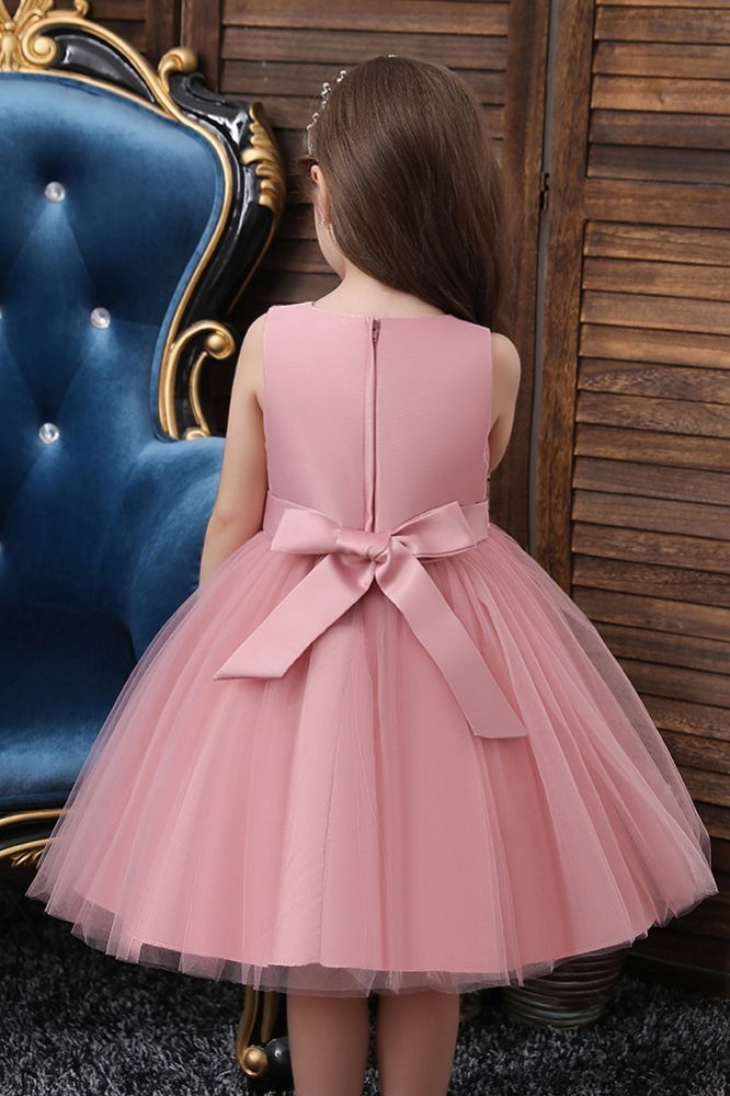 Dusty pink sleeveless knee length belt flower girl dress