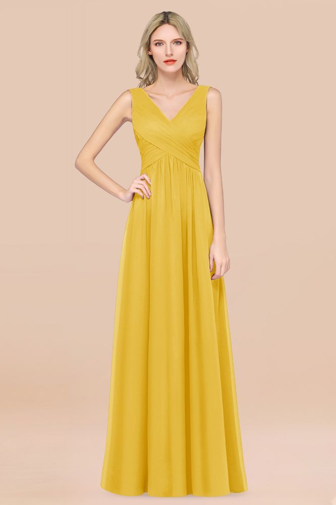 Chiffon A-Line Straps V-Neck Sleeveless Long Bridesmaid Dress with Ruffles