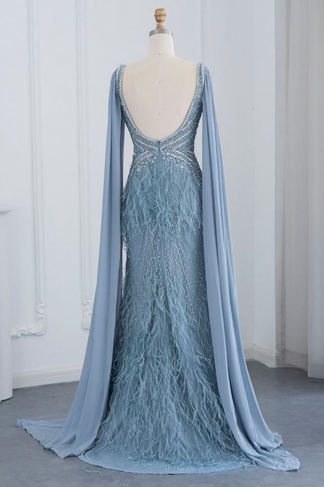 Glamorous V-Neck Fur Beadings Front Slit Mermaid Evening Gowns with Tulle with Cape Sleeves Wedding Party Dress-Babyonlinewholesale