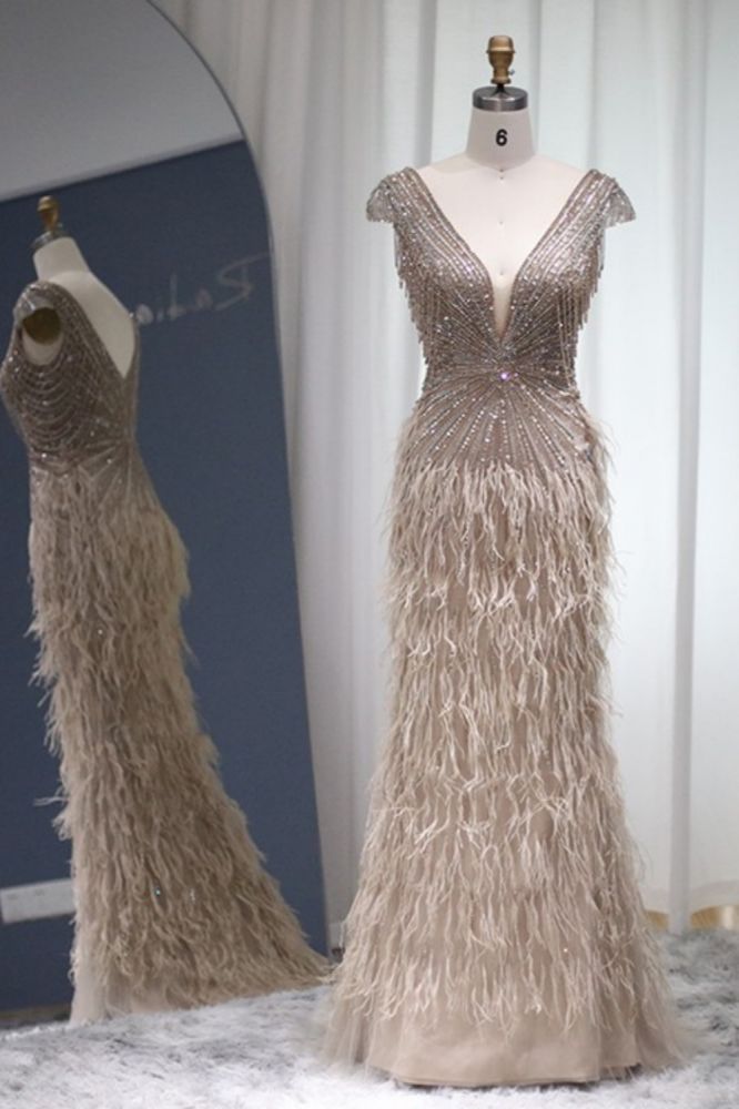 Luxury V-Neck Fur Mermaid Evening Dress for Women Glitter Beadings Cap Sleeves Tassels Long Wedding Party Gowns-Babyonlinewholesale