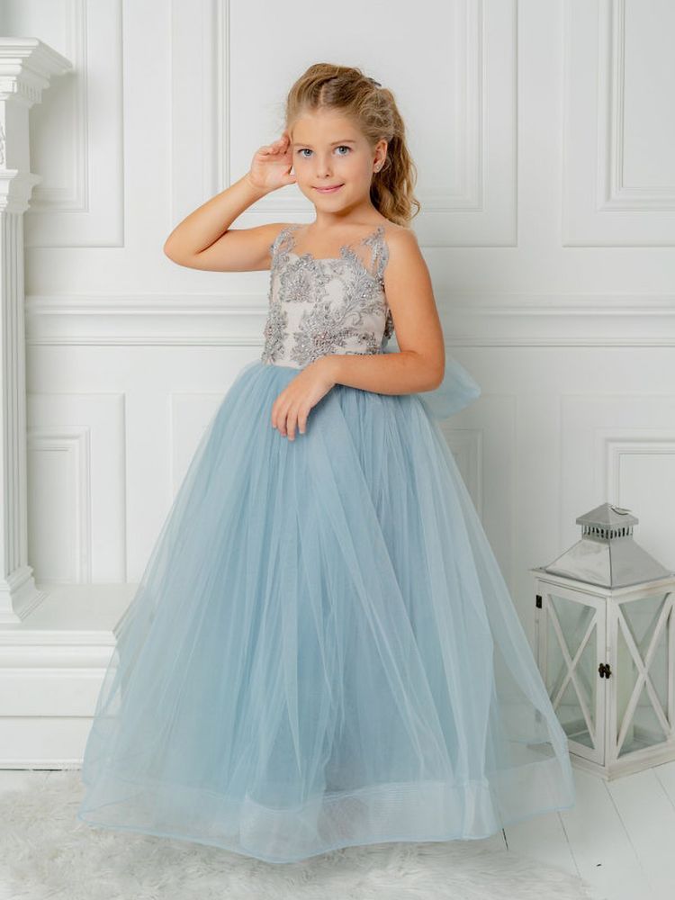 Sweet Sleeveless Little Girl Dress Sky Blue Tulle Floral Lace Appliques with Bow tie