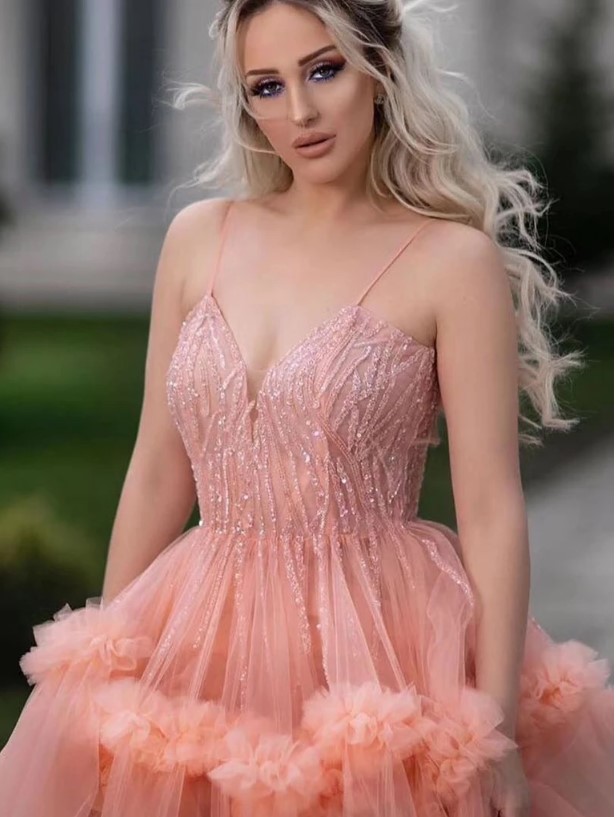 Sexy Spaghetti Straps Coral Evening Gowns | Stylish Sleeveless Tulle Ruffles Long Prom Dresses for Juniors-Babyonlinewholesale