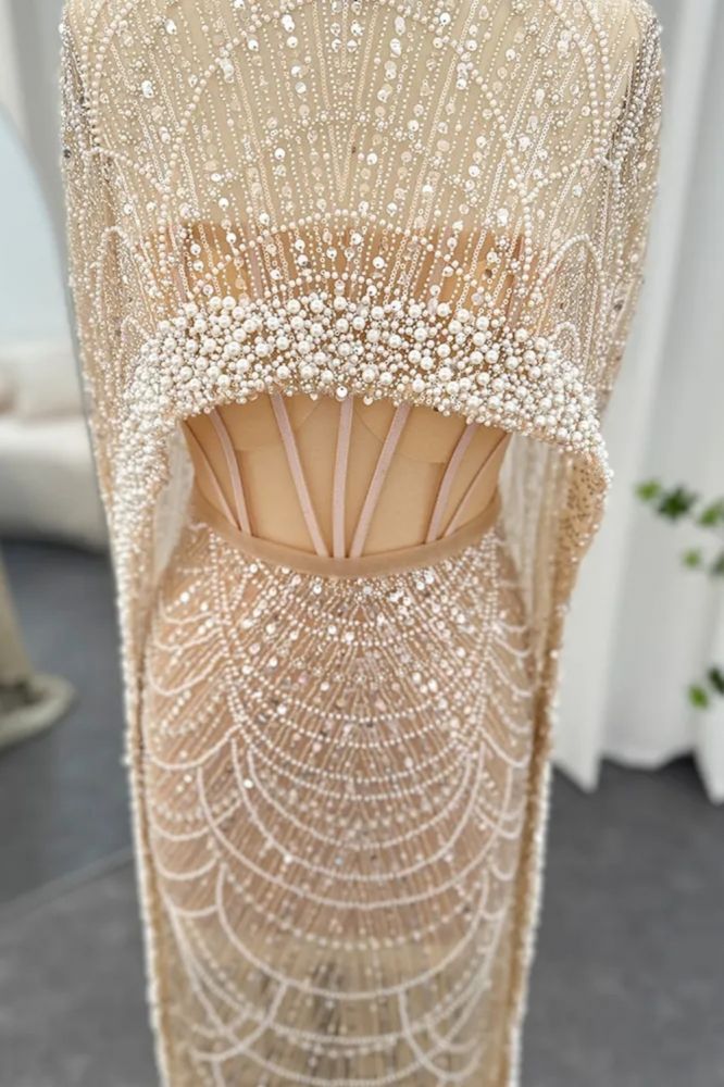 Gorgeous Champagne Cape Sleeves Mermaid Evening Dress Dubai See-through Pearls Party Dress