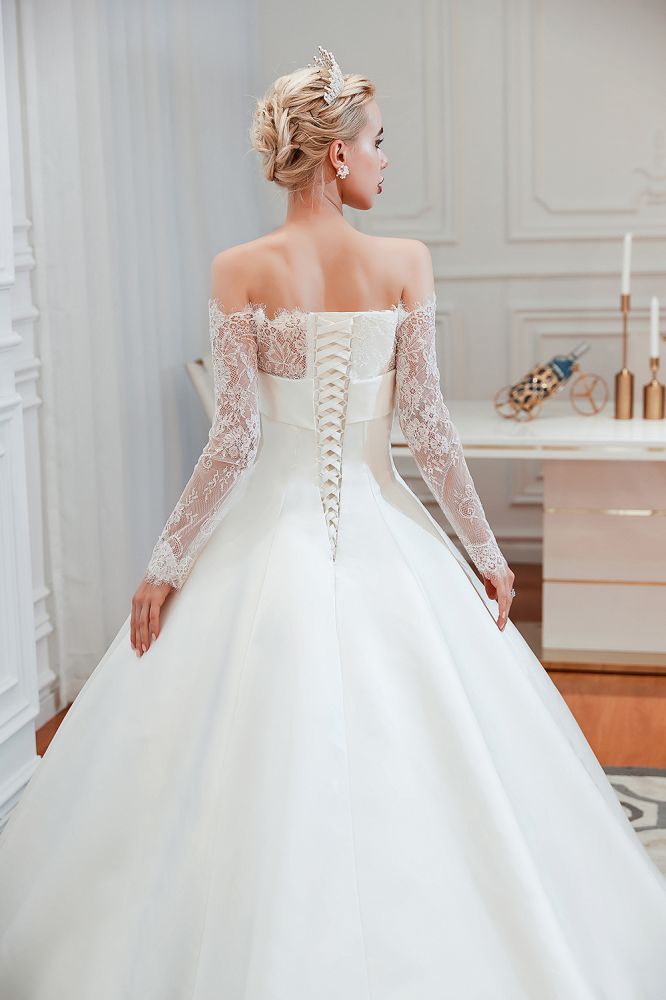 Romantic Lace Long Sleeves Princess Satin Wedding Dress | Princess Bridal Gowns with Cathedral Train