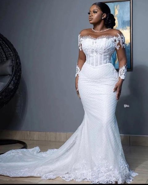 Mermaid Wedding Dress with Long Sleeves Pearls Tulle Lace Bridal Gown Sweep Train