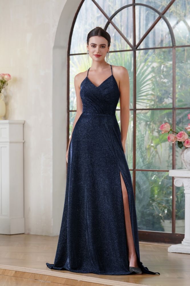 Halter Sparkly Sequins Floor Length Evening Dress V-neck Side Split Party Dresses with Pockets