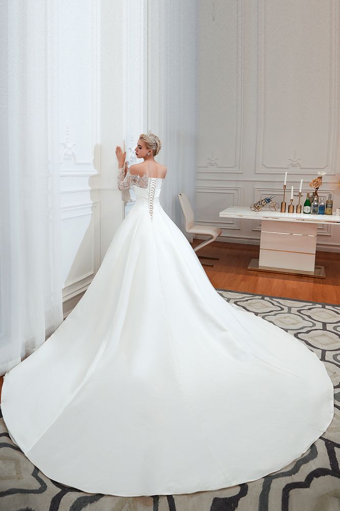 Romantic Lace Long Sleeves Princess Satin Wedding Dress | Princess Bridal Gowns with Cathedral Train