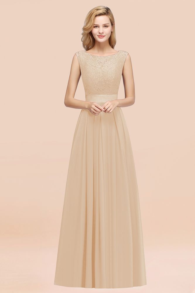 A-line Chiffon Lace Jewel Sleeveless Ruffles Floor-length Bridesmaid Dress