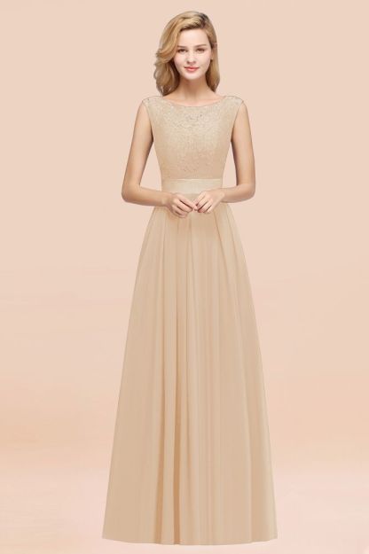 A-line Chiffon Lace Jewel Sleeveless Ruffles Floor-length Bridesmaid Dress