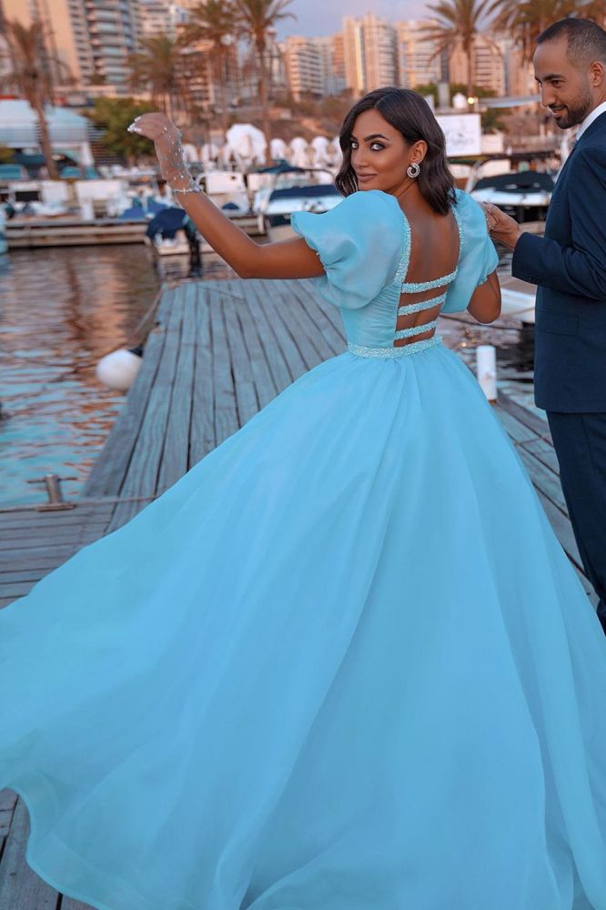 Sky Blue Princess Mermaid Evening Gowns with Sweep Train Short Sleeve Party Gowns
