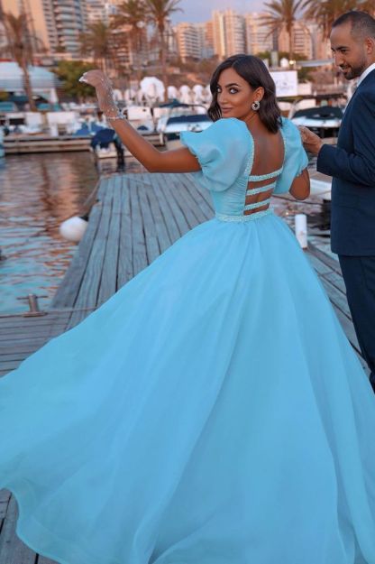 Sky Blue Princess Mermaid Evening Gowns with Sweep Train Short Sleeve Party Gowns