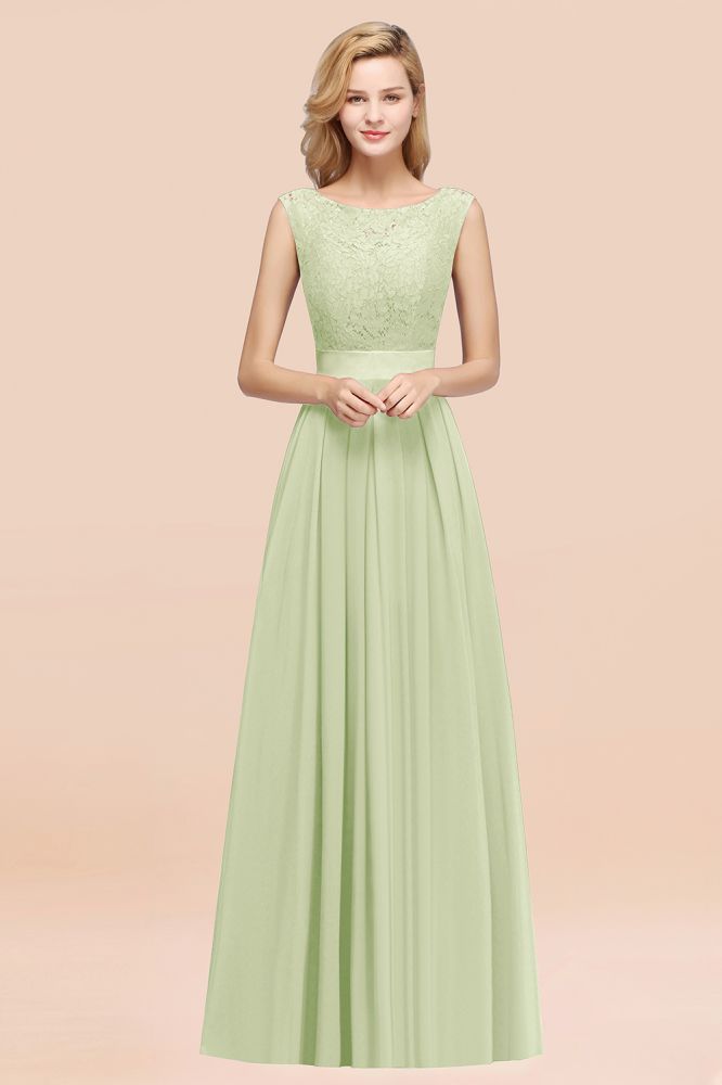 A-line Chiffon Lace Jewel Sleeveless Ruffles Floor-length Bridesmaid Dress
