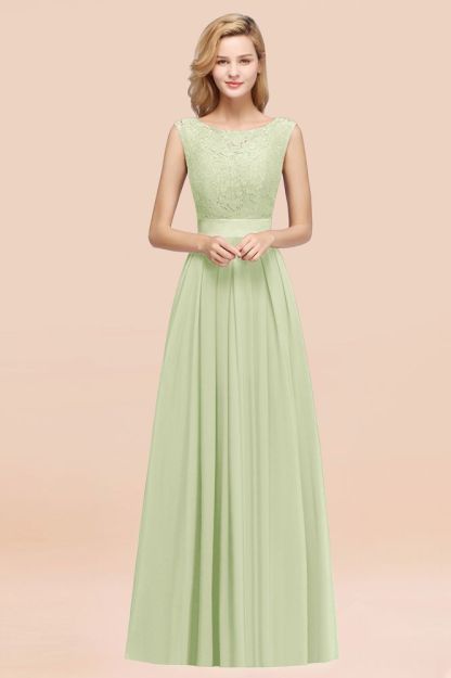 A-line Chiffon Lace Jewel Sleeveless Ruffles Floor-length Bridesmaid Dress