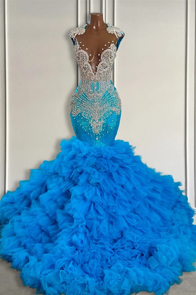 Cap sleeves Blue Ruffles Silver Beaded Prom Dresses