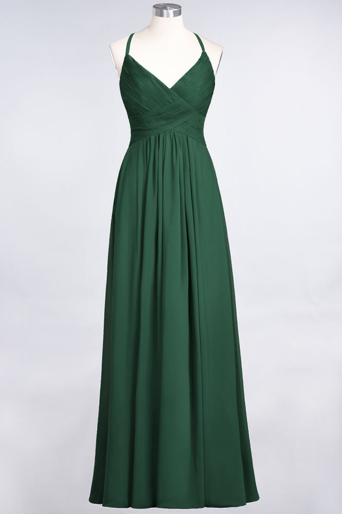 Chiffon A-Line Spaghetti-Straps V-Neck Sleeveless Long Bridesmaid Dress with Ruffles