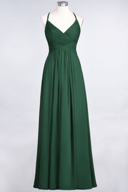Chiffon A-Line Spaghetti-Straps V-Neck Sleeveless Long Bridesmaid Dress with Ruffles