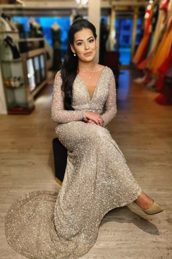 Illusion neck Sparkle V-neck Sequined Floor-length Evening Dress