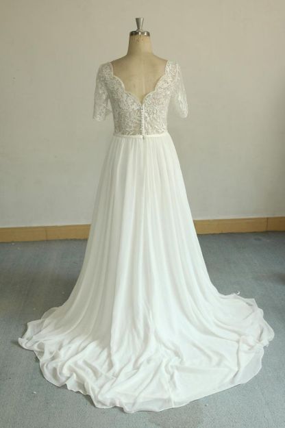 Summer Wide Shoulder V-neck White Chiffon Wedding Dresses