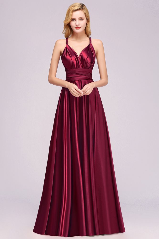 Simple A-Line V-Neck Sleeveless Floor Length Convertible Bridesmaid Dress with Ruffles