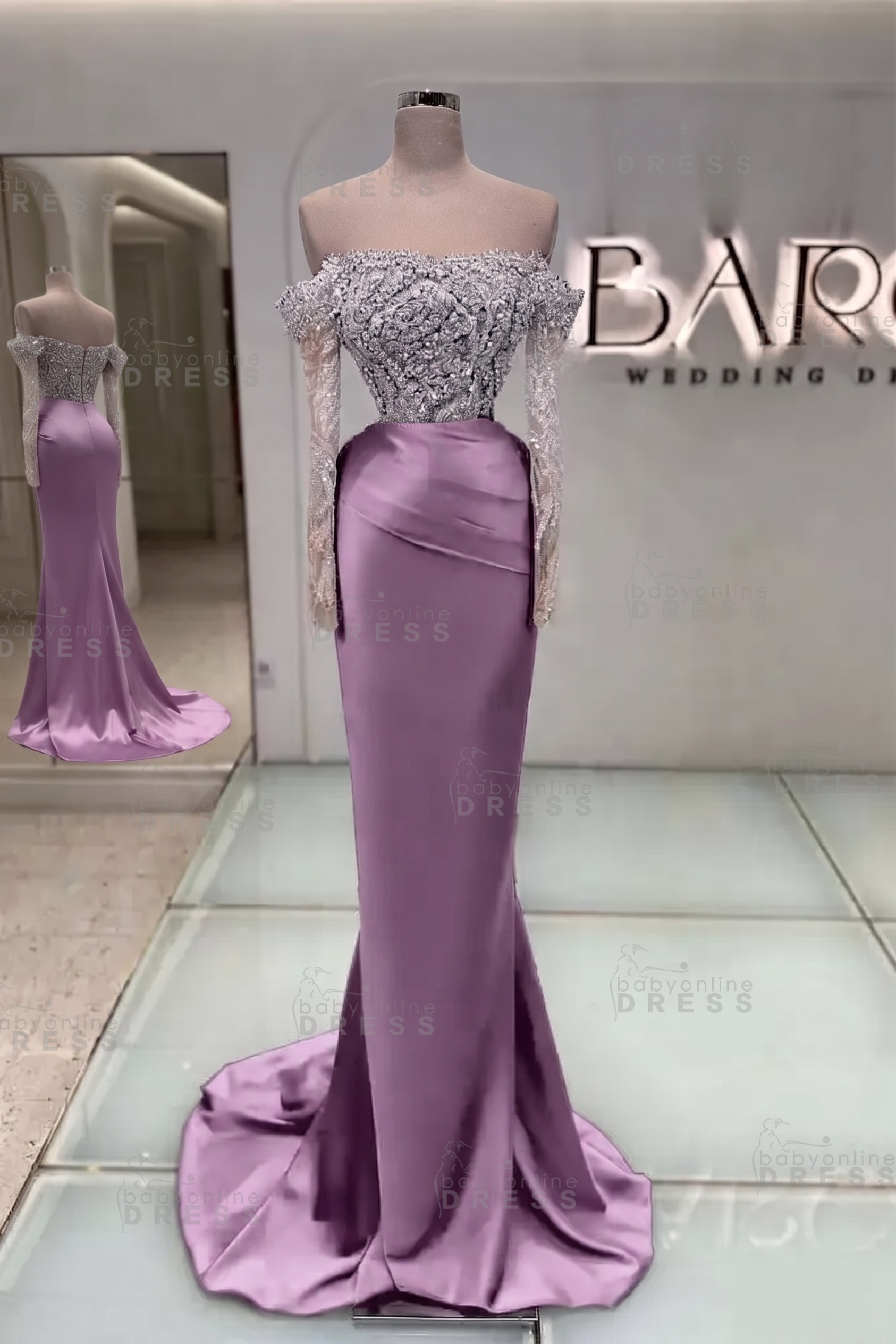 Off-the-Shoulder Ruffles Satin Mermaid Prom Dress Beadings with Sleeves