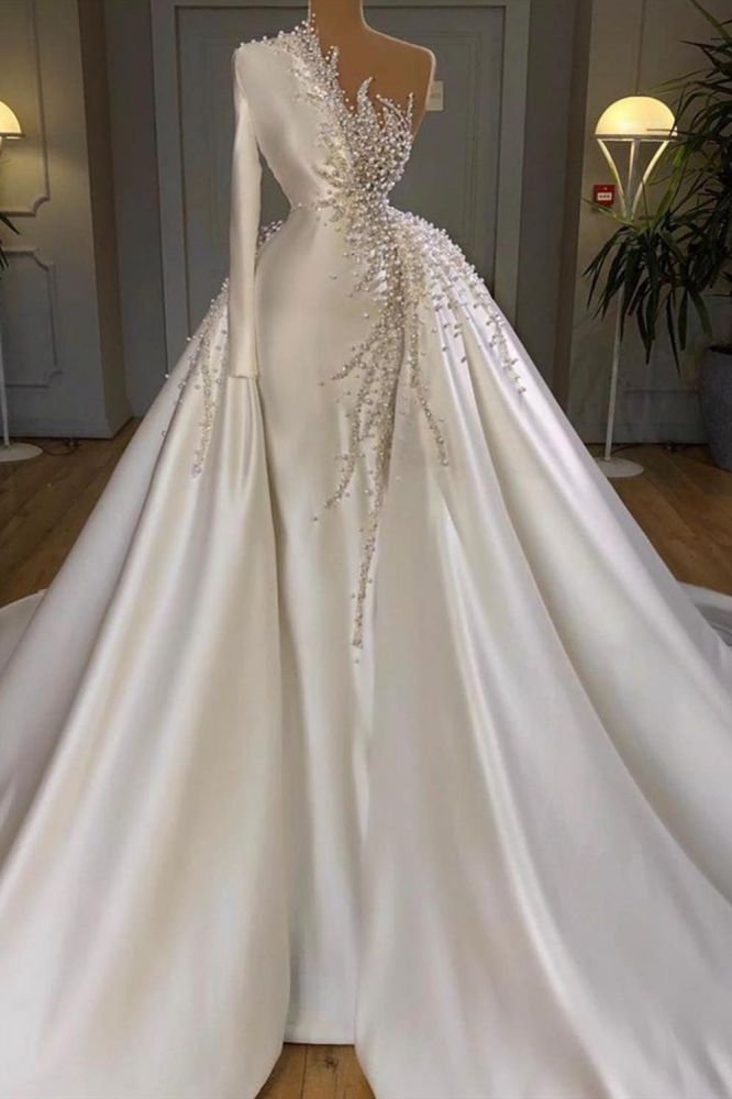 Charming One Shoulder Satin Mermaid Wedding Gowns Pearls Beading Party Gowns